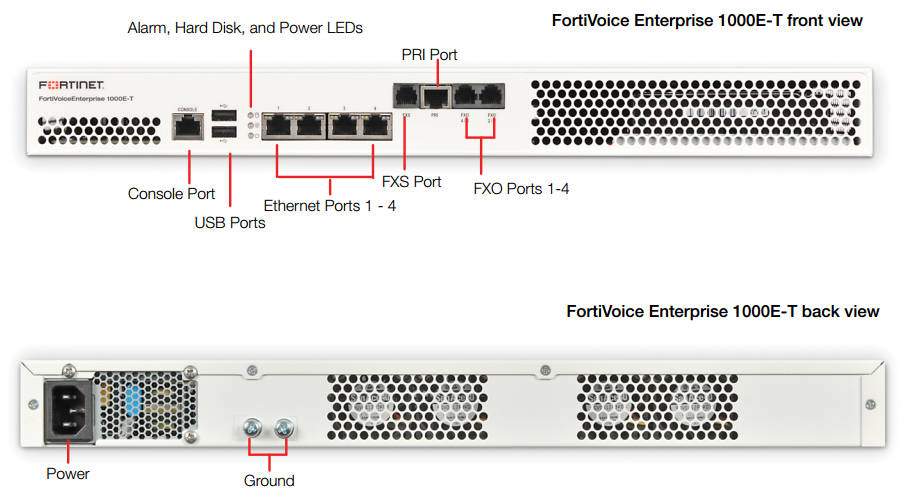 FortiVoice Enterprise 1000E-T Front and Rear View